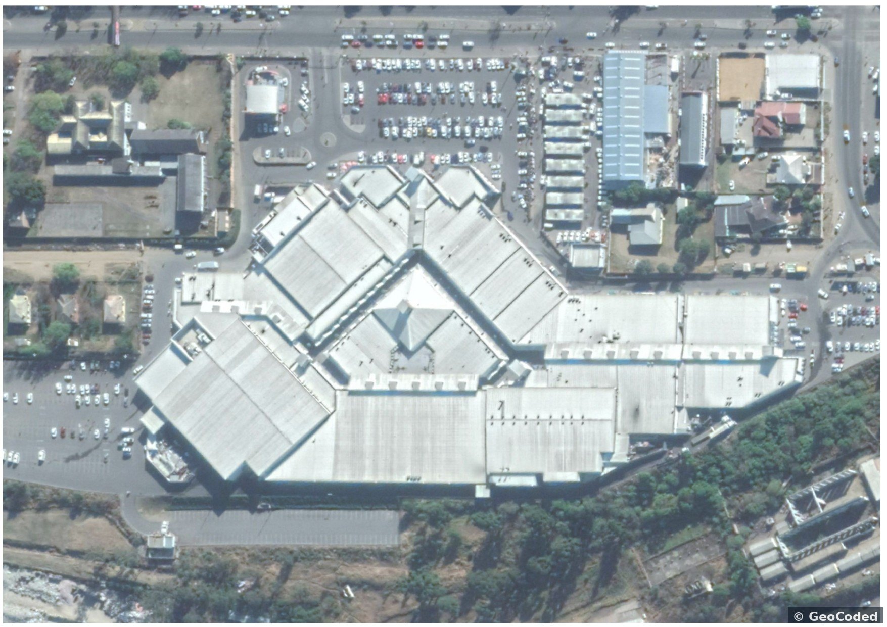 Clean aerial photograph of the shopping centre