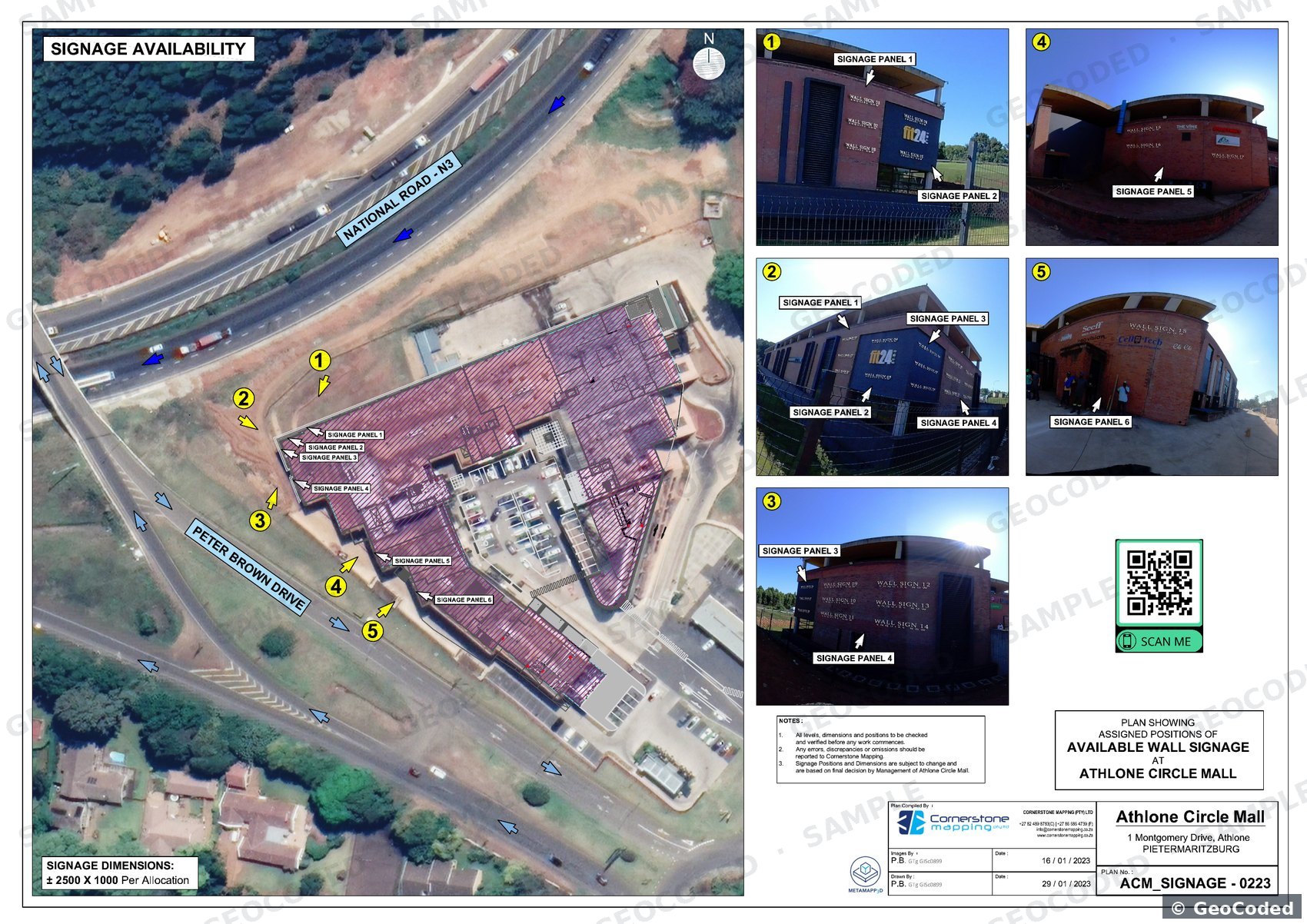Signage layout over an aerial photograph with sign photo panels